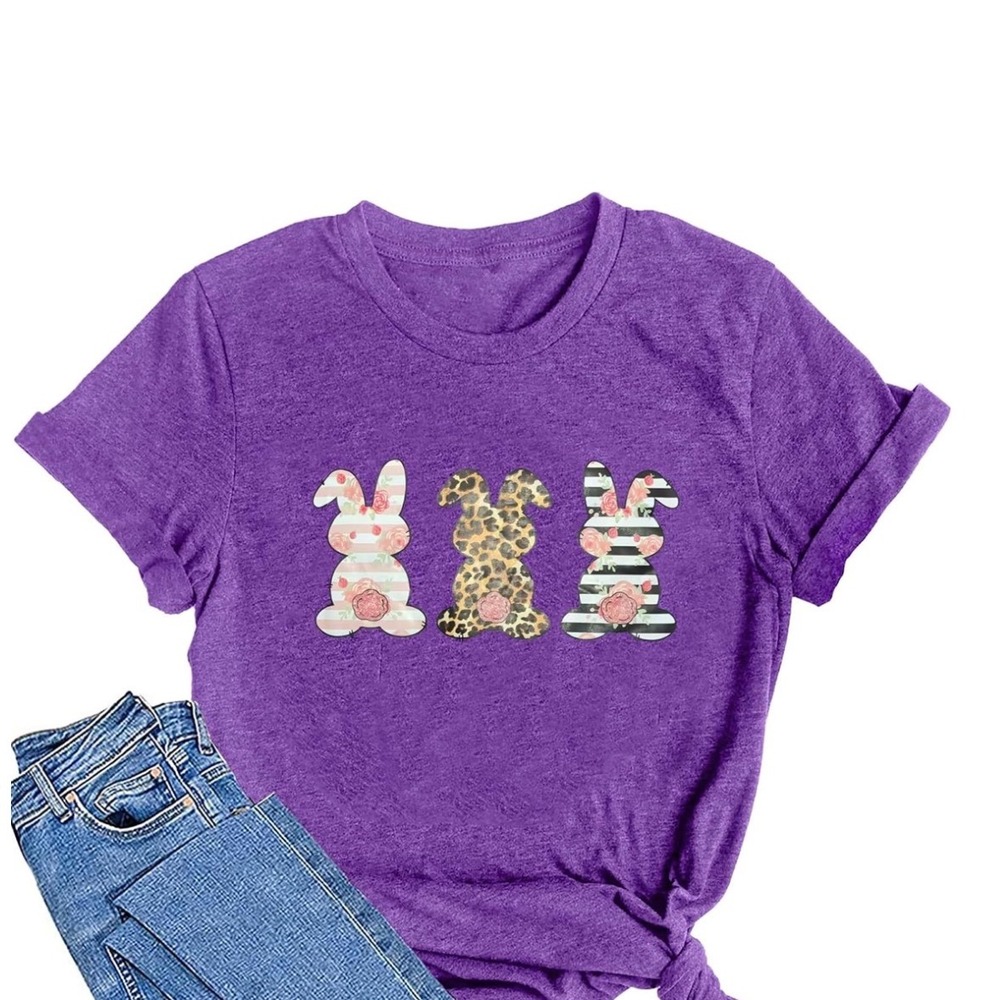 New Graphic T-Shirt Women XLarge Purple Easter Bunny Leopard Floral Tee